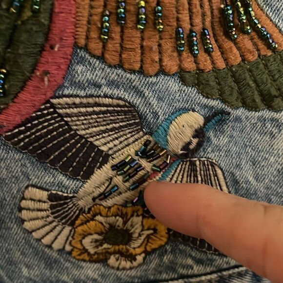 Blank NYC Embroidered Floral Hummingbird Embellished Distressed Denim Jacket - Picture 11 of 15